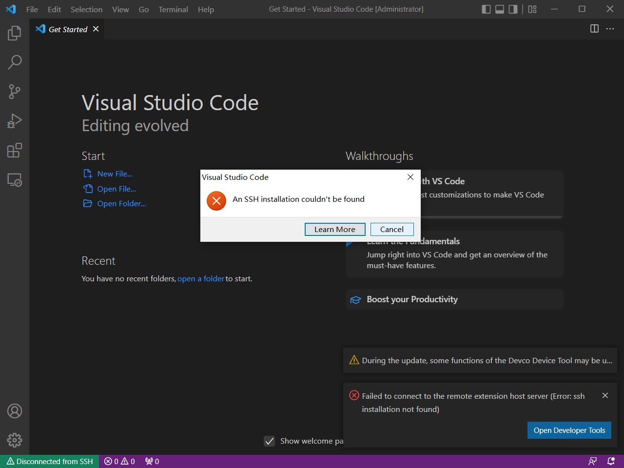 An SSH installation couldn’t be found” Is Displayed During Remote