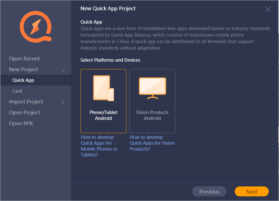 Creating a Quick App Project-Project Wizard-HUAWEI Quick App IDE ...