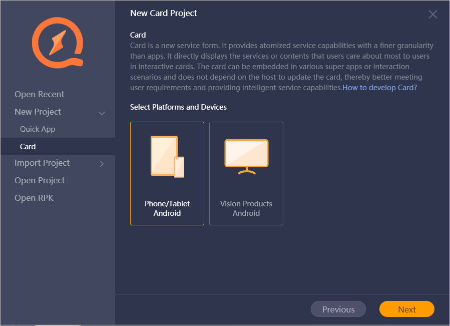 Quick App Ide Creating a Card Project-Project Wizard-HUAWEI Quick App IDE Operation ...