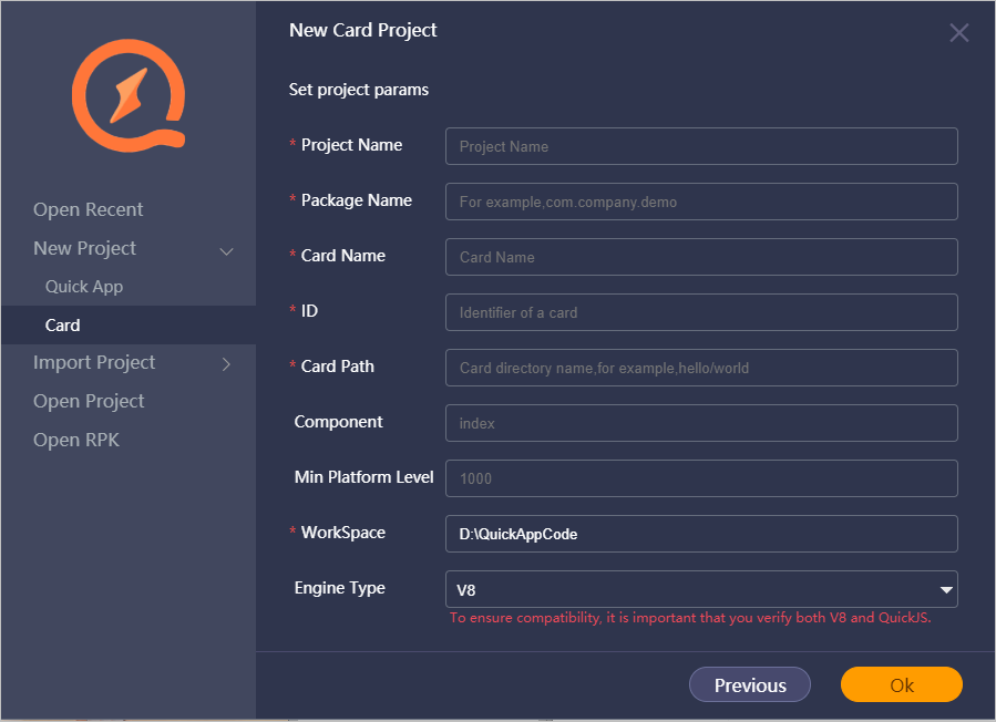 Minimum Platform Level Creating a Card Project-Project Wizard-HUAWEI Quick App IDE Operation ...