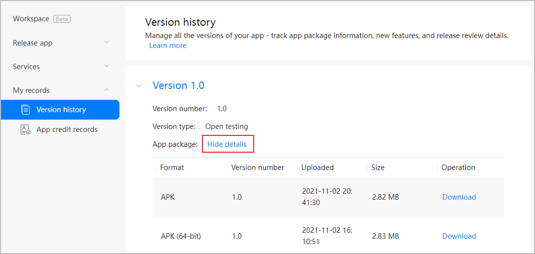 Viewing Version History of an App-Maintaining an App-AppGallery Connect ...